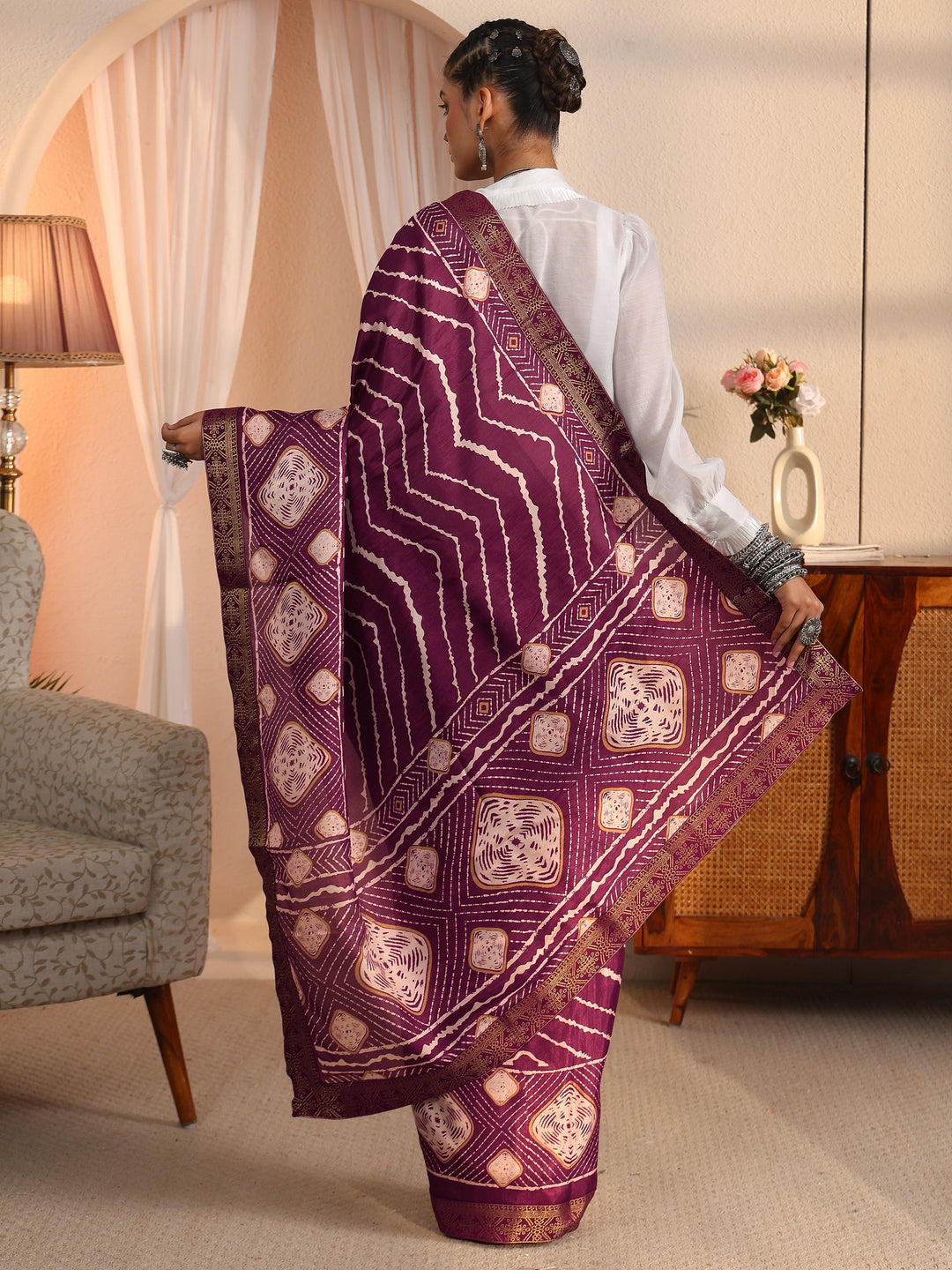 Libas Brown Chevron Printed Silk Blend Saree 