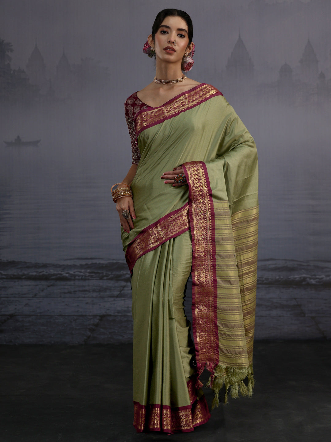  Libas Green and Maroon Silk Blend Tassel Saree with Woven Border 