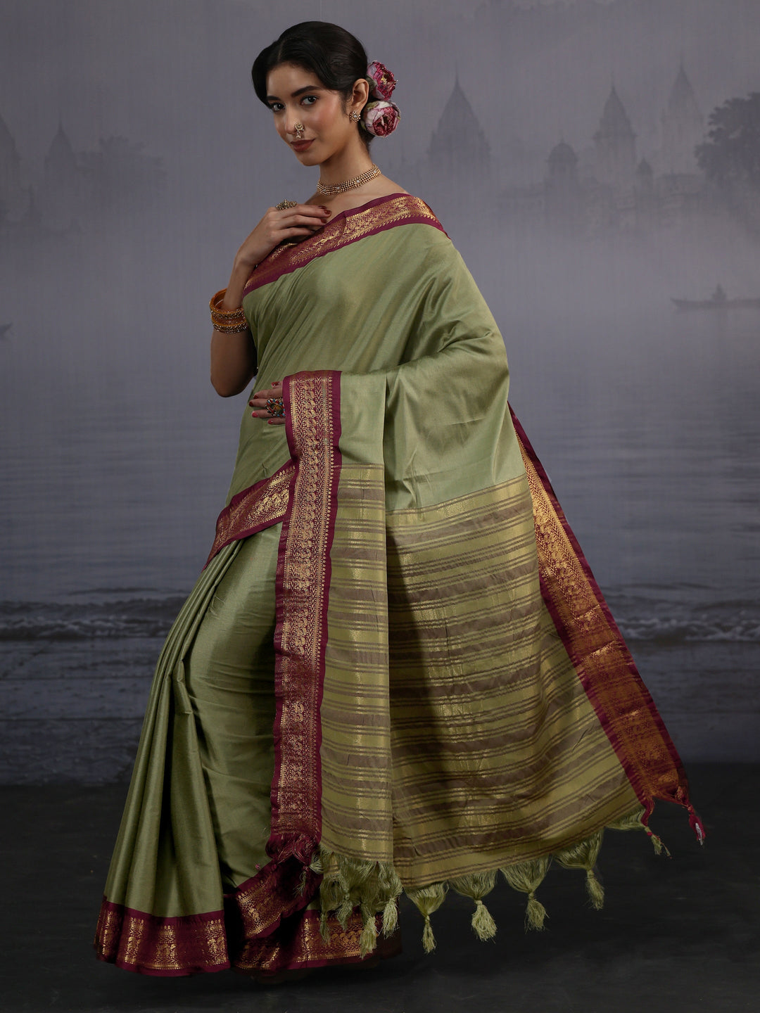  Libas Green and Maroon Silk Blend Tassel Saree with Woven Border 