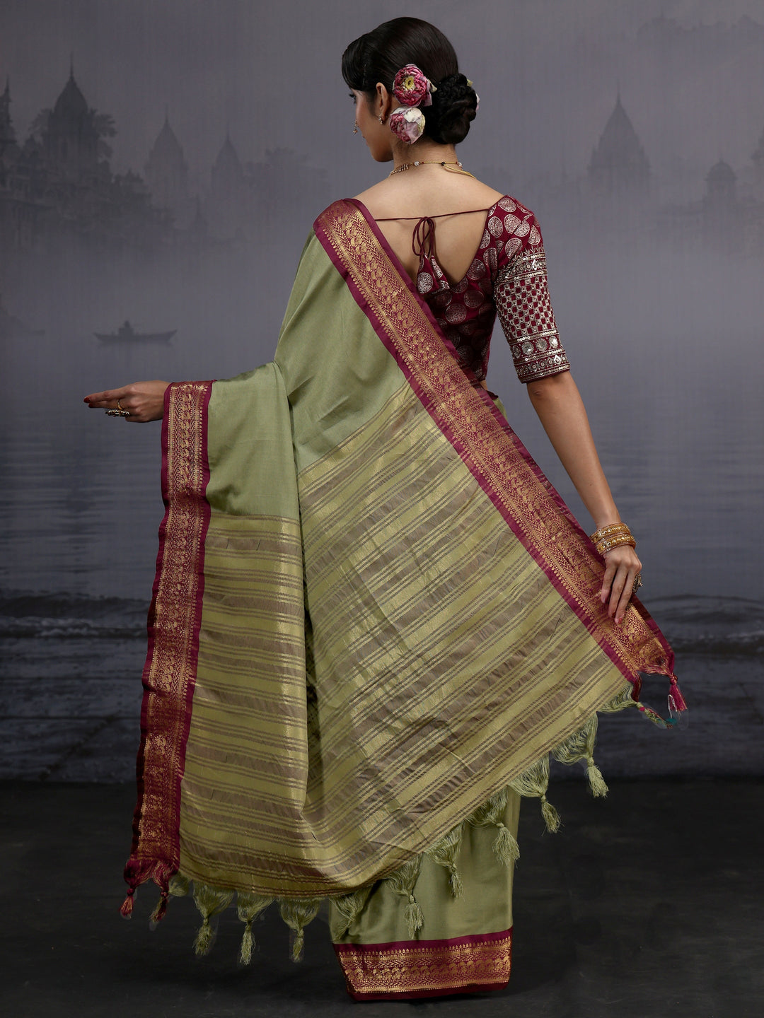  Libas Green and Maroon Silk Blend Tassel Saree with Woven Border 