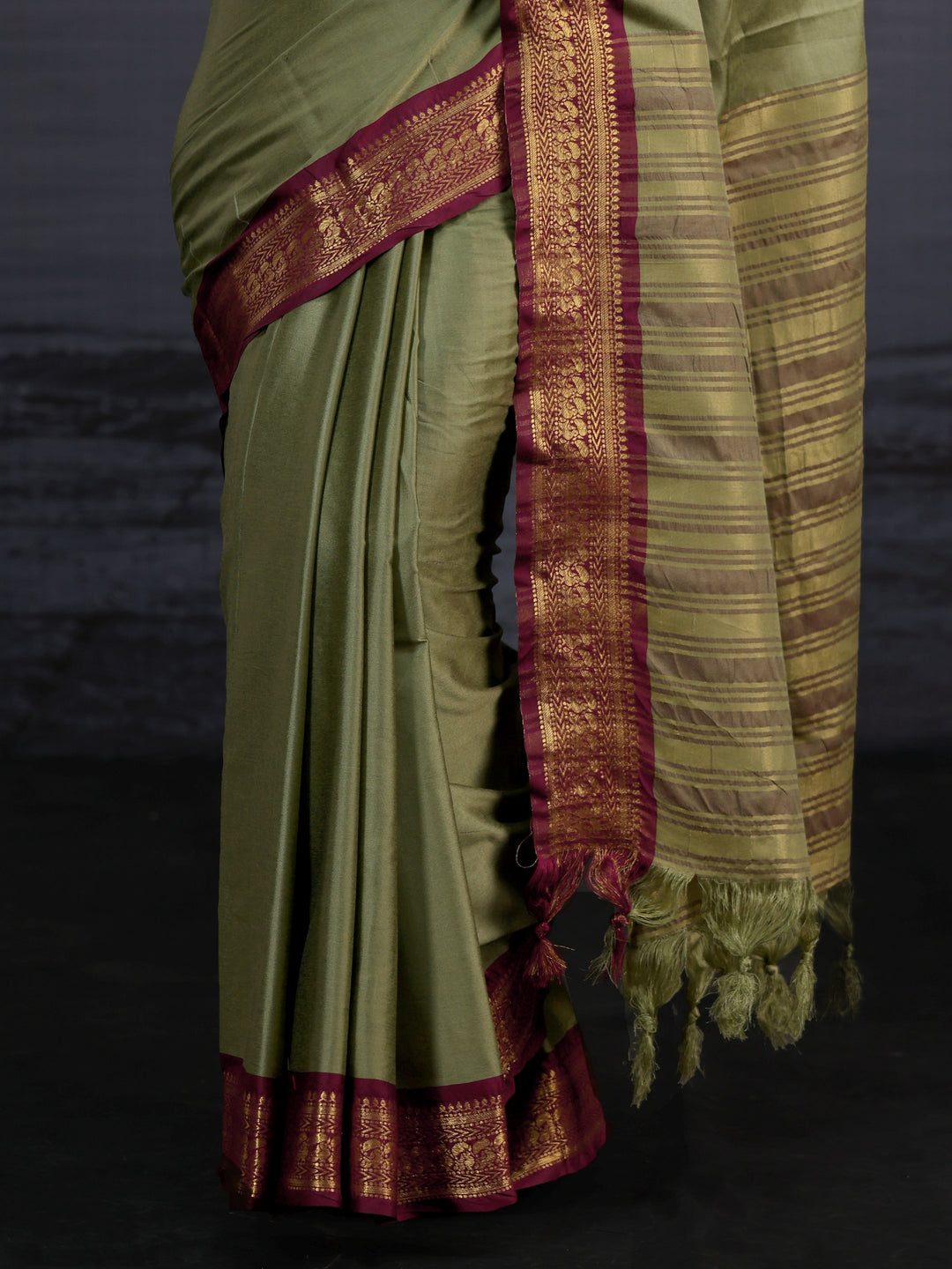  Libas Green and Maroon Silk Blend Tassel Saree with Woven Border 