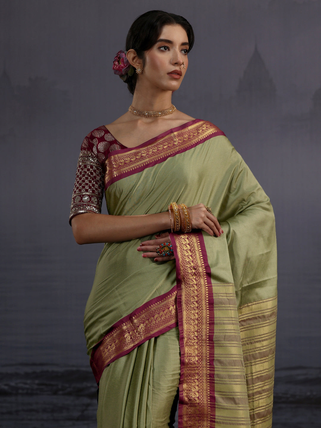  Libas Green and Maroon Silk Blend Tassel Saree with Woven Border 