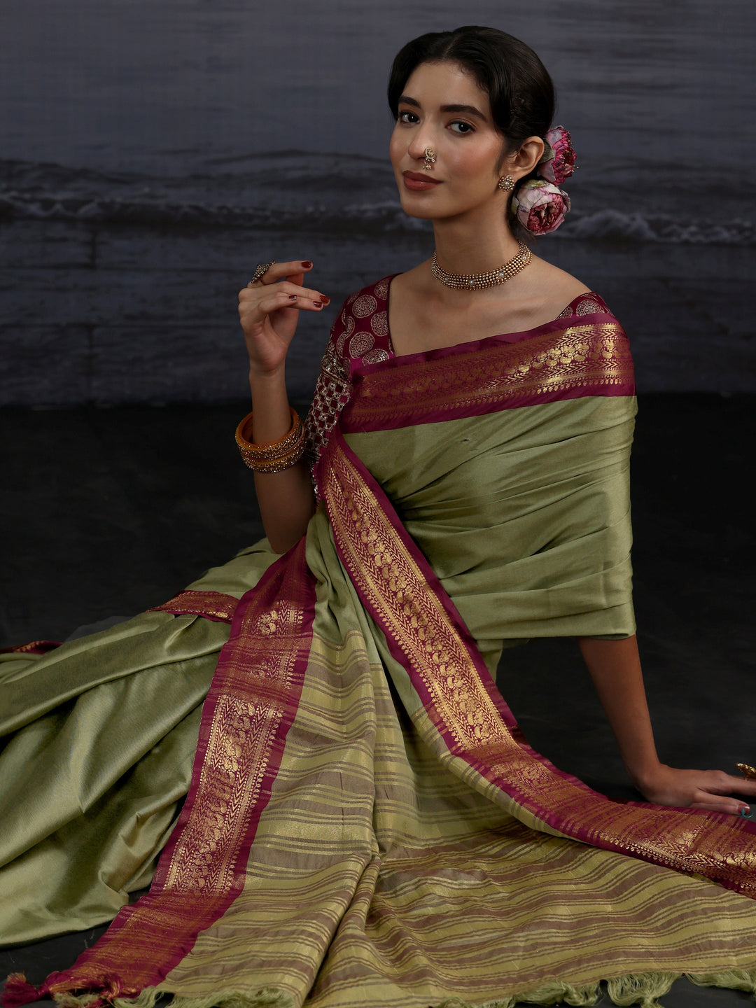  Libas Green and Maroon Silk Blend Tassel Saree with Woven Border 