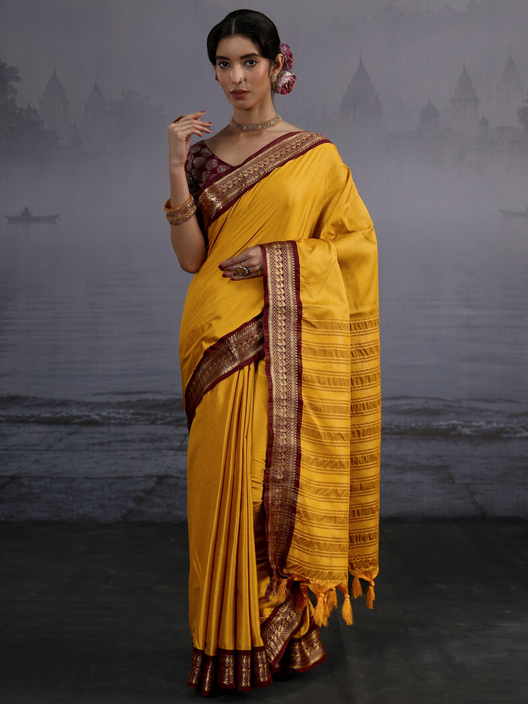  Libas Mustard and Maroon Silk Blend Tassel Saree with Woven Border 