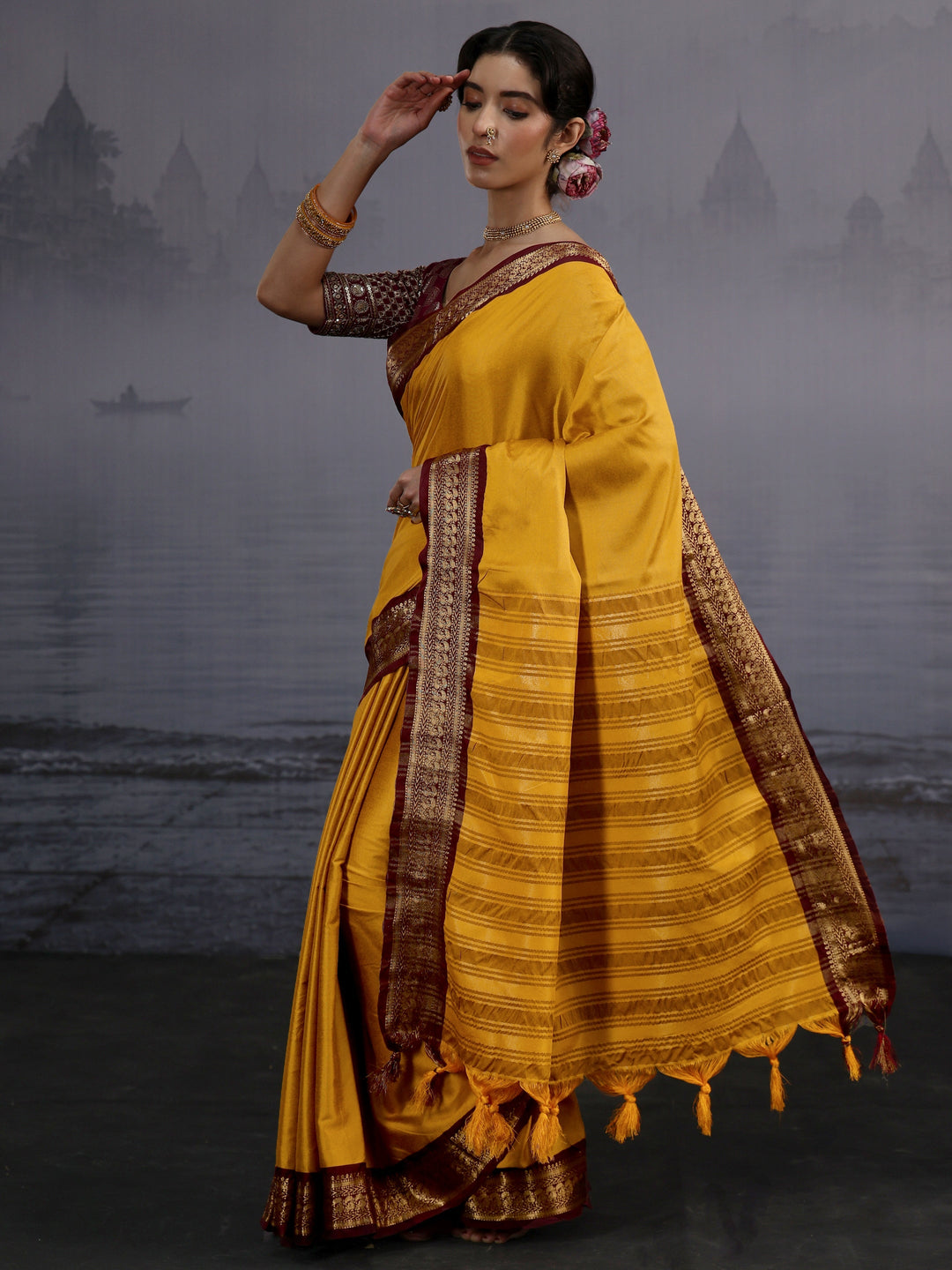  Libas Mustard and Maroon Silk Blend Tassel Saree with Woven Border 