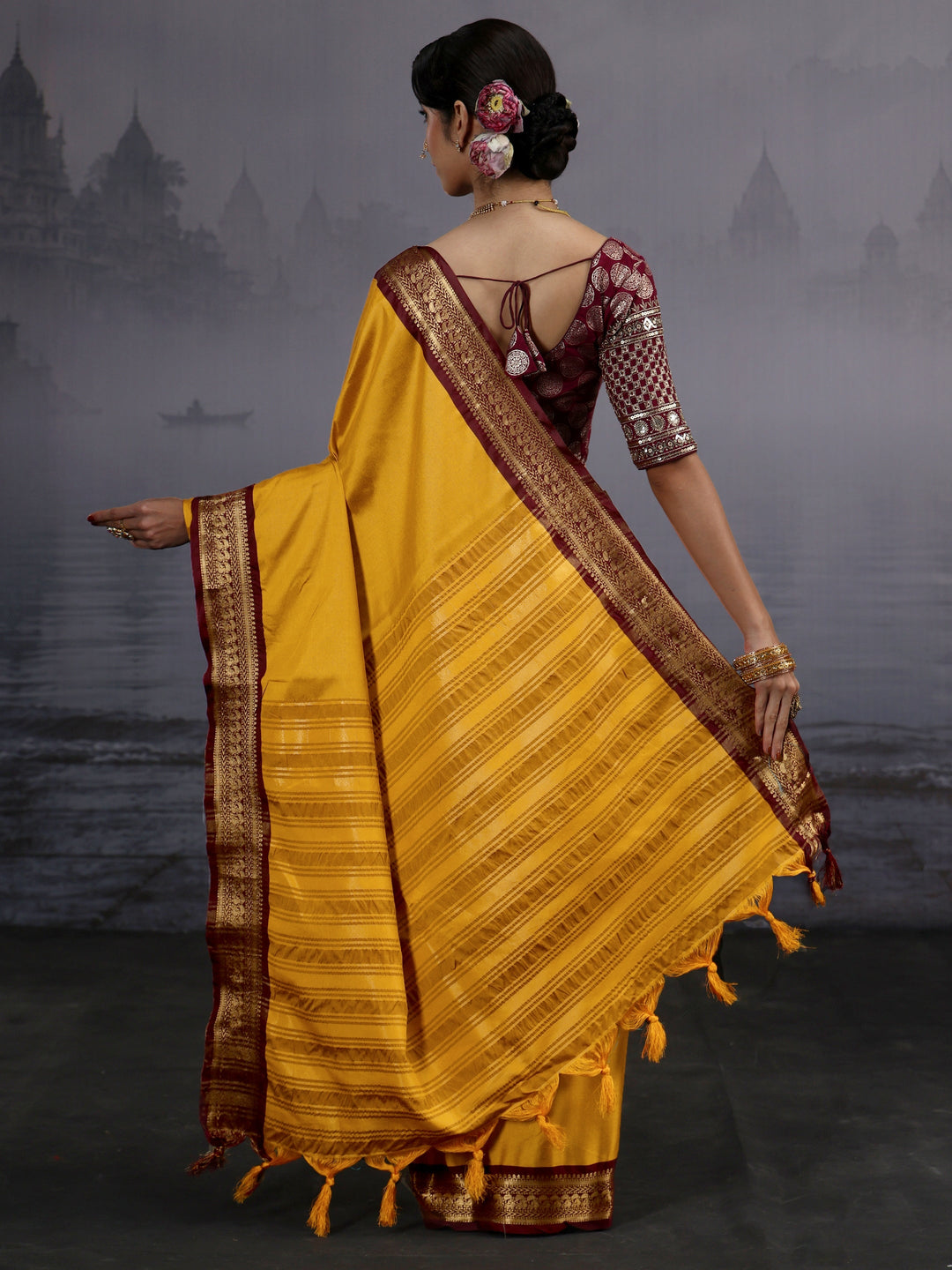  Libas Mustard and Maroon Silk Blend Tassel Saree with Woven Border 