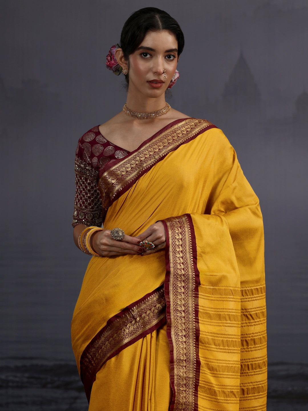  Libas Mustard and Maroon Silk Blend Tassel Saree with Woven Border 