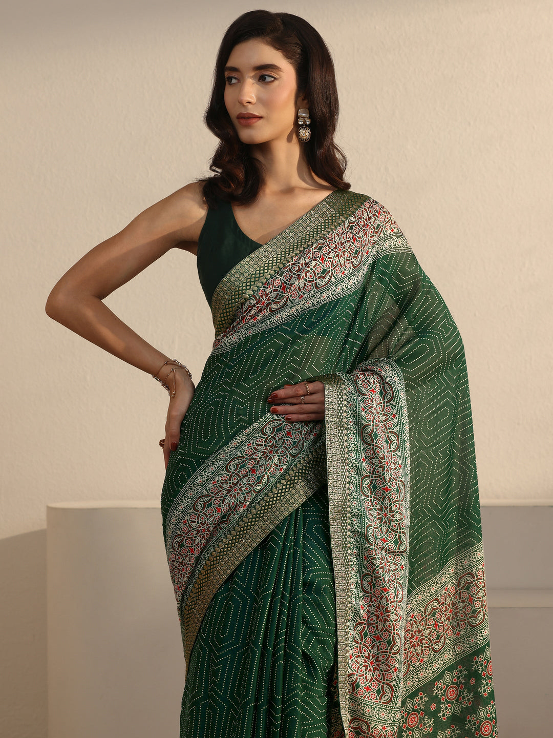  Libas Green Geometric Printed Embroidered Border Georgette Saree 