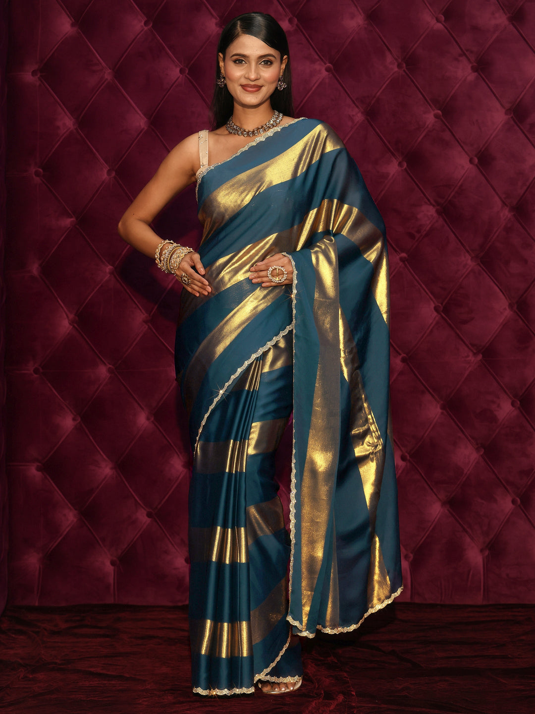  Libas Teal Blue Striped Chiffon Saree with Embellished Border 