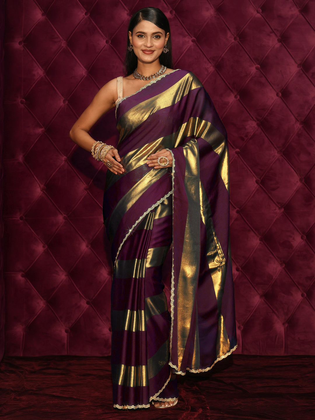  Libas Wine Striped Chiffon Saree with Embellished Border 