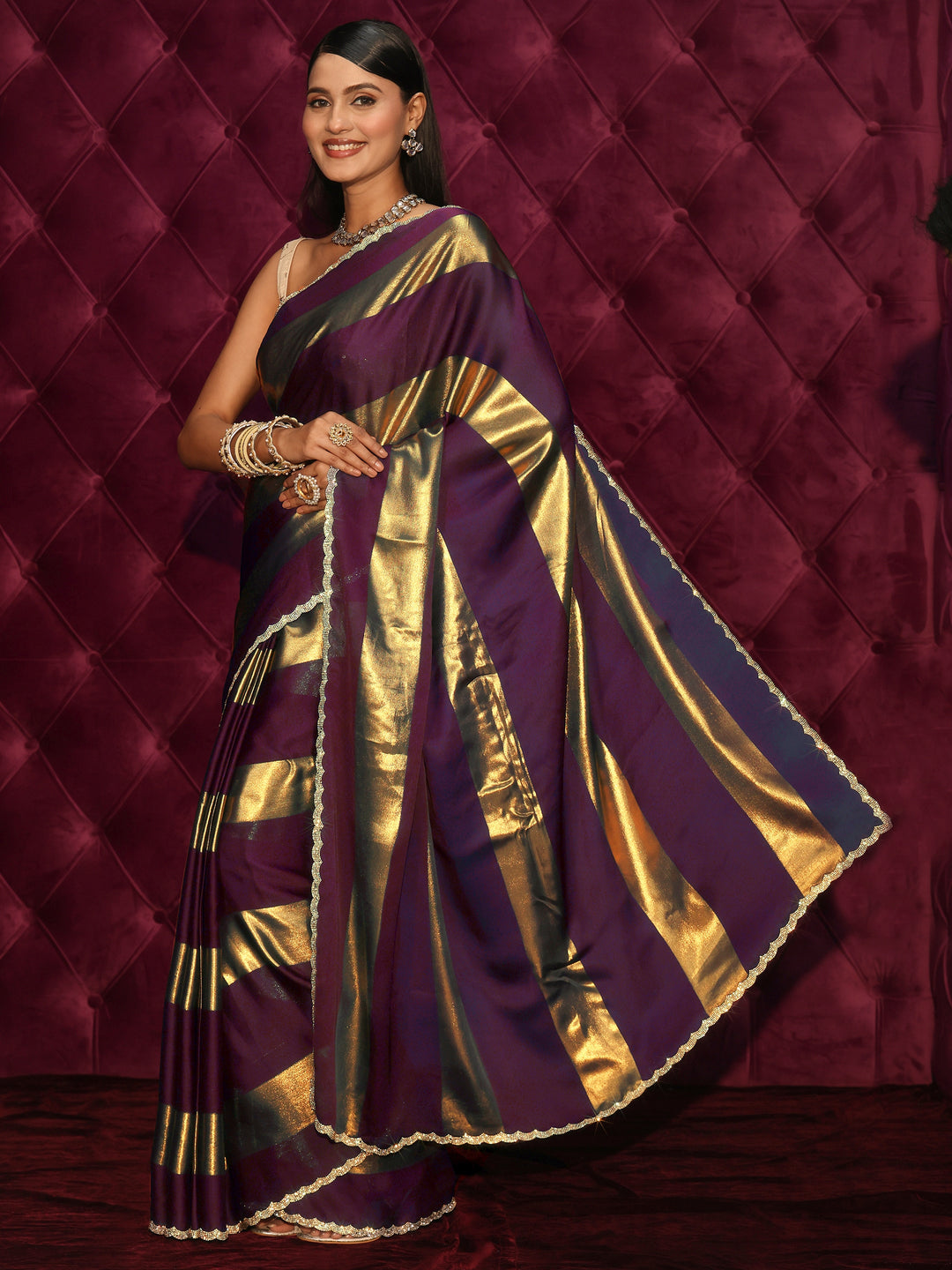  Libas Wine Striped Chiffon Saree with Embellished Border 