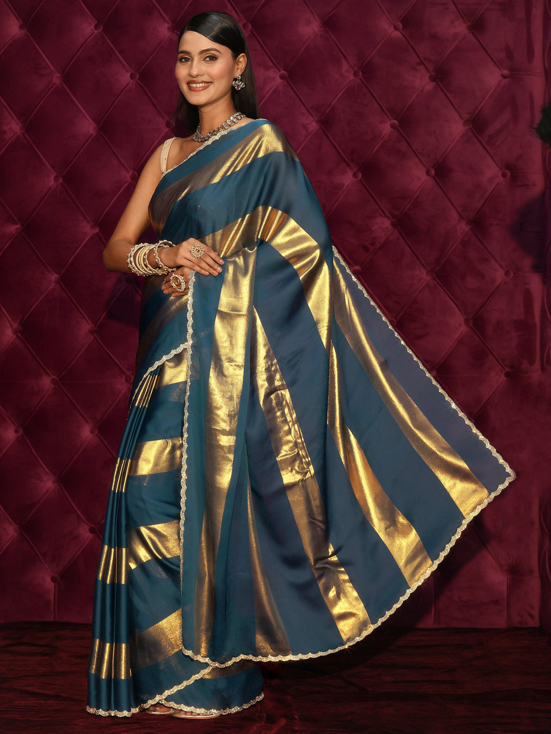  Libas Teal Blue Striped Chiffon Saree with Embellished Border 