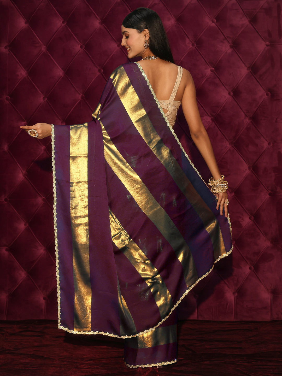  Libas Wine Striped Chiffon Saree with Embellished Border 