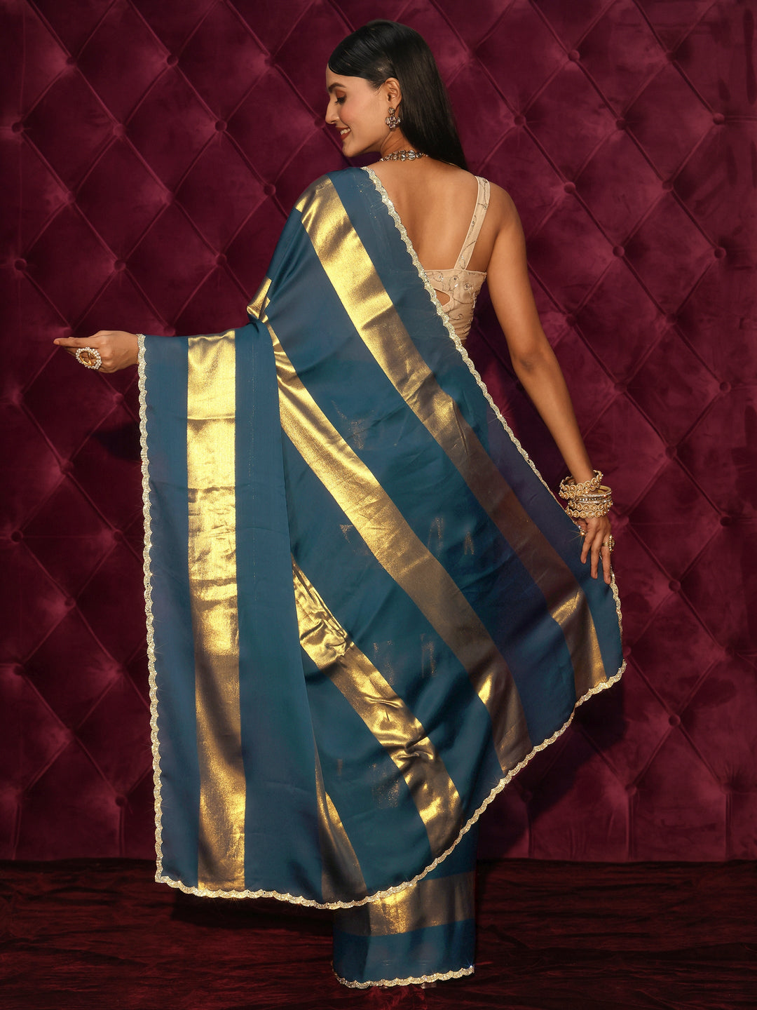  Libas Teal Blue Striped Chiffon Saree with Embellished Border 