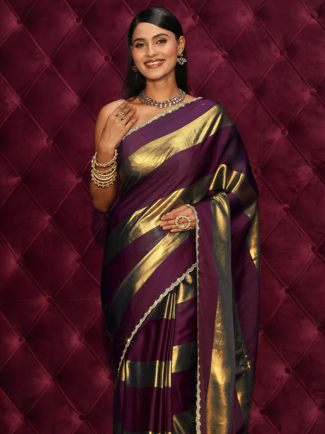  Libas Wine Striped Chiffon Saree with Embellished Border 