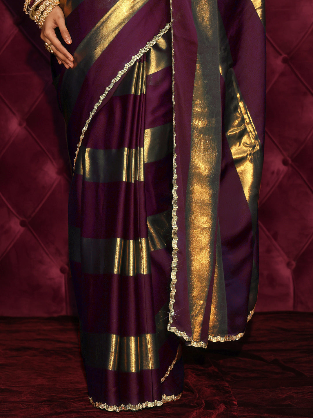  Libas Wine Striped Chiffon Saree with Embellished Border 