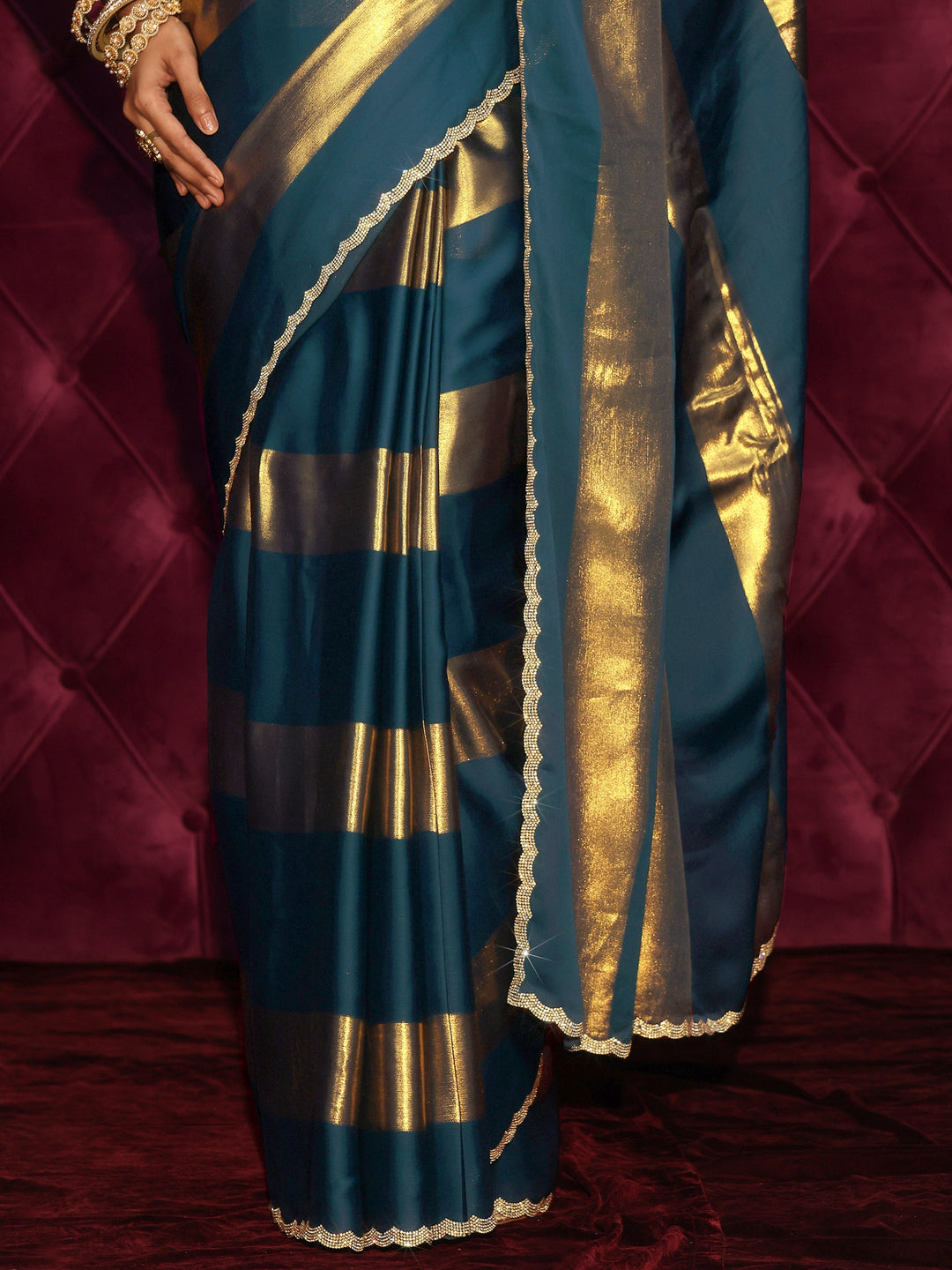  Libas Teal Blue Striped Chiffon Saree with Embellished Border 