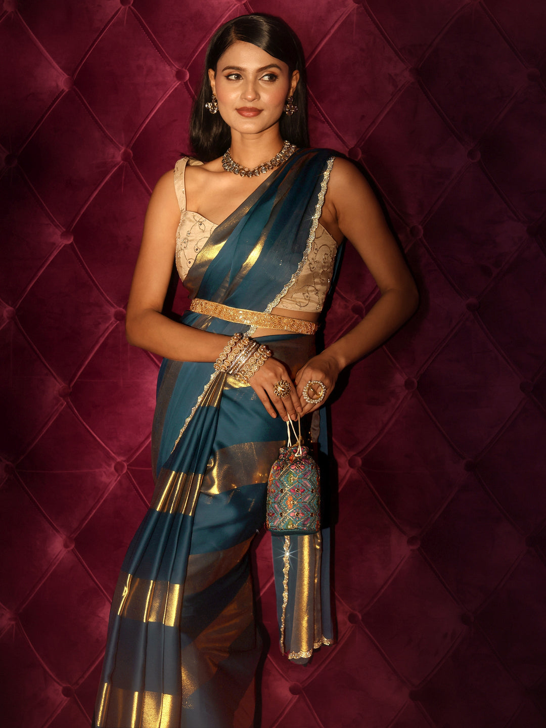  Libas Teal Blue Striped Chiffon Saree with Embellished Border 