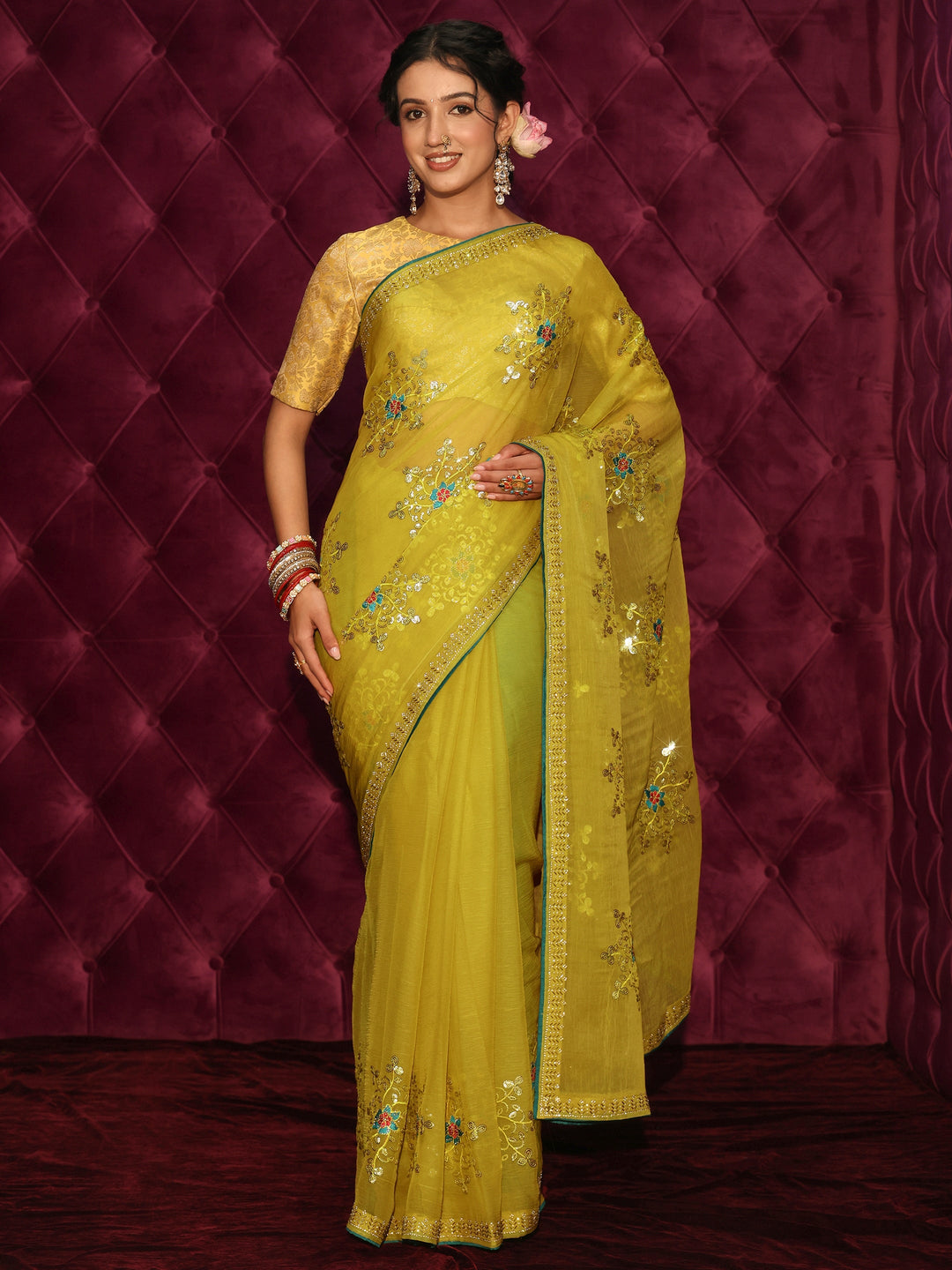  Libas Mustard Floral Sequin Embellished Organza Saree 