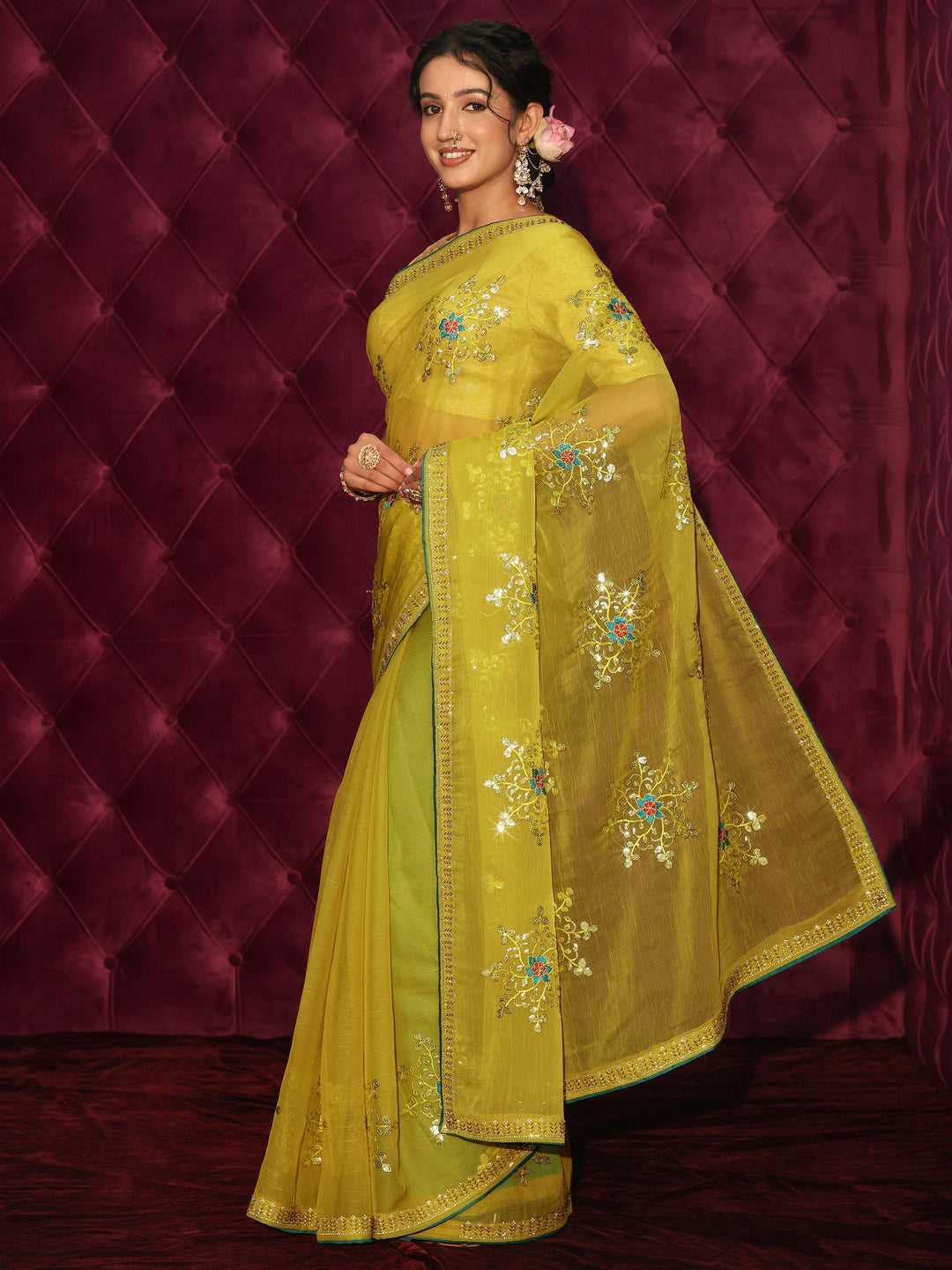  Libas Mustard Floral Sequin Embellished Organza Saree 