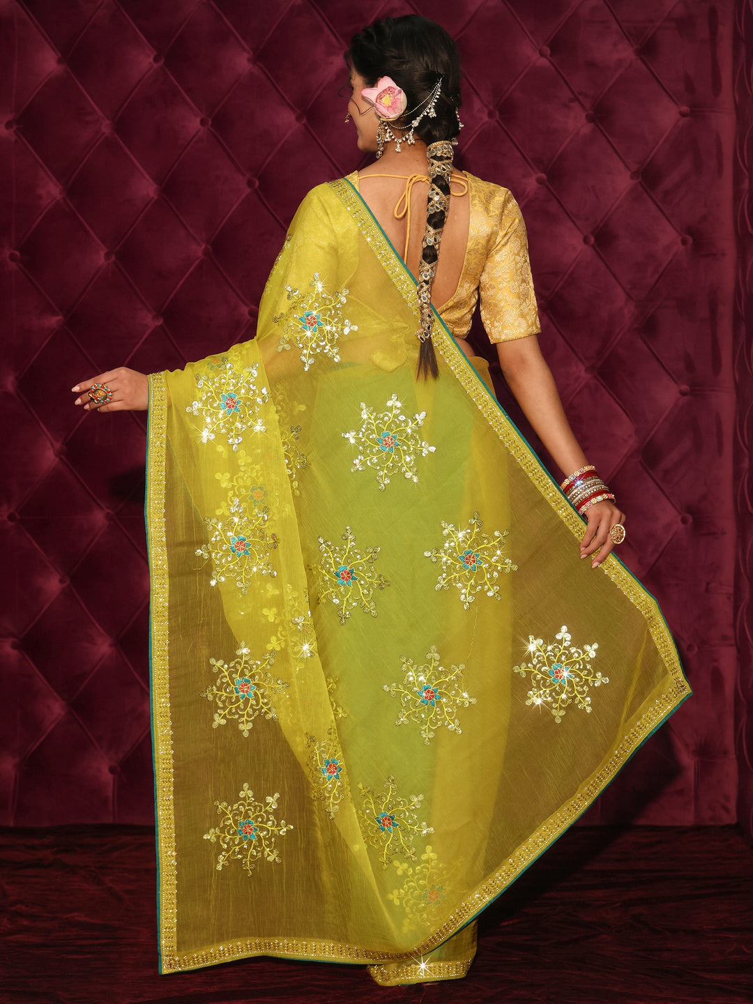  Libas Mustard Floral Sequin Embellished Organza Saree 