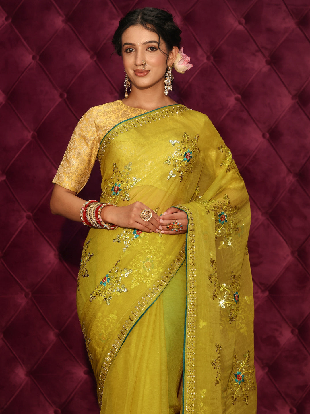 Libas Mustard Floral Sequin Embellished Organza Saree 