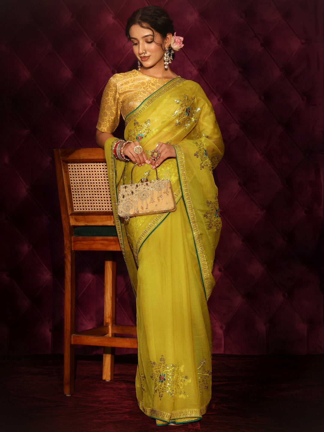  Libas Mustard Floral Sequin Embellished Organza Saree 