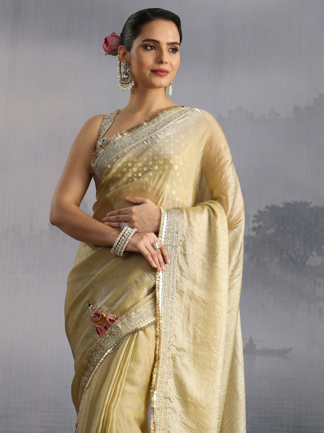  Libas Green Tissue Saree with Gota Border 