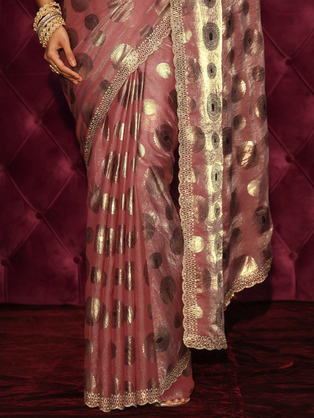  Libas Dusty Pink Foil Printed Tissue Saree with Embellished Border 