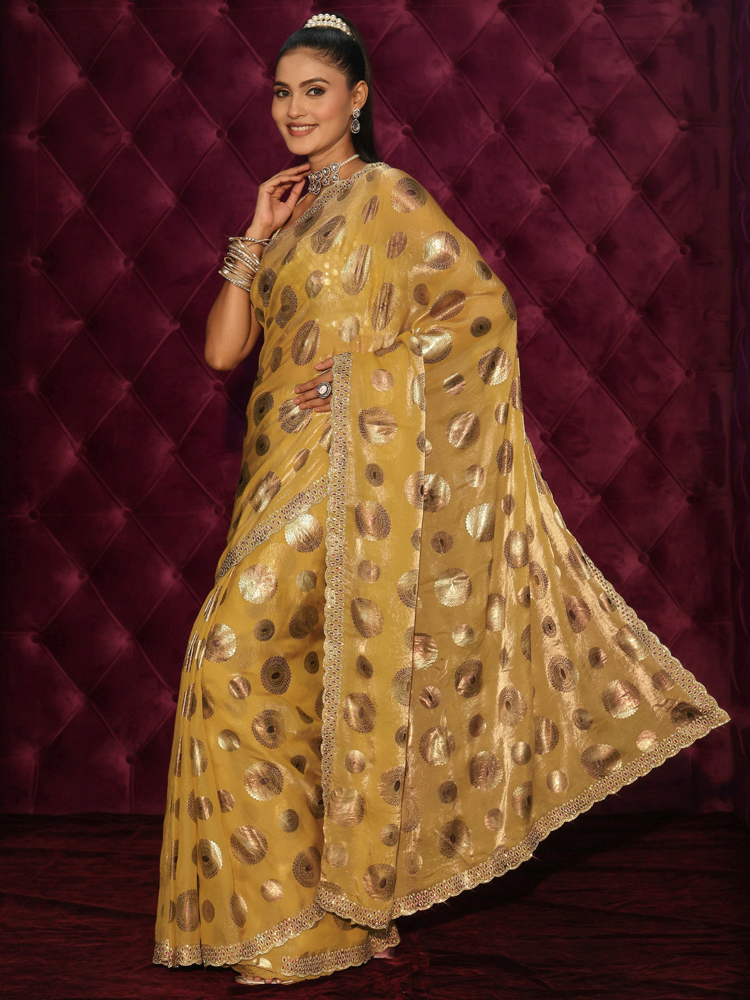  Libas Mustard Foil Printed Tissue Saree with Embellished Border 