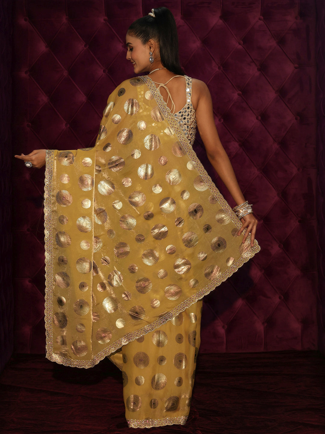  Libas Mustard Foil Printed Tissue Saree with Embellished Border 