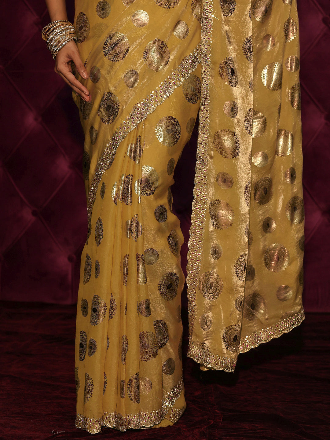  Libas Mustard Foil Printed Tissue Saree with Embellished Border 