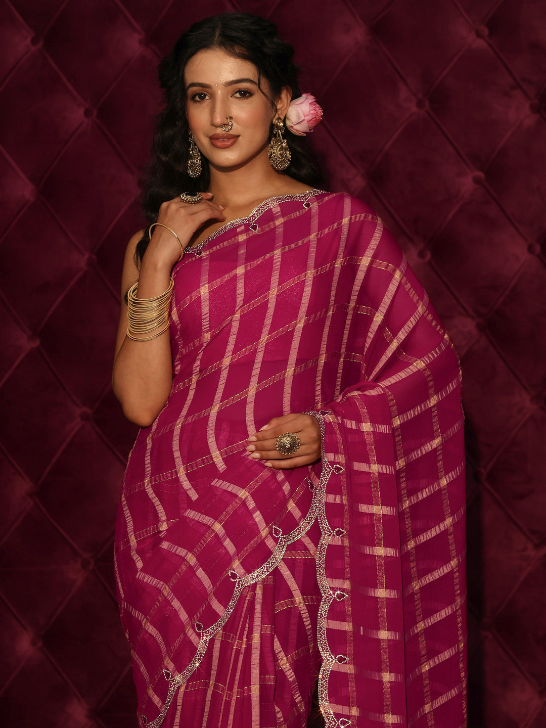  Libas Pink Checkered Chiffon Saree with Embellished Scalloped Border 