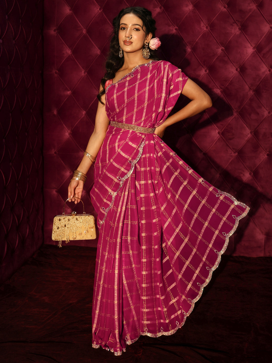  Libas Pink Checkered Chiffon Saree with Embellished Scalloped Border 