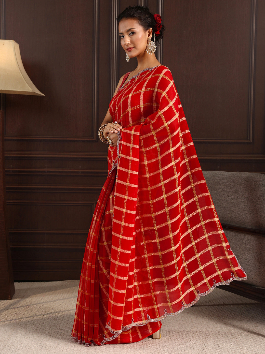  Libas Red Checkered Chiffon Saree 