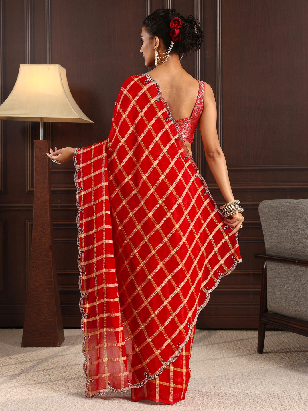  Libas Red Checkered Chiffon Saree 