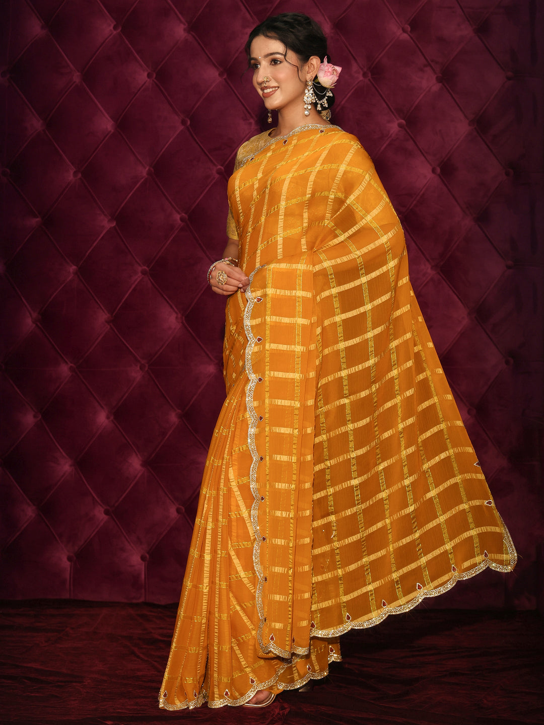 Libas Mustard Checkered Chiffon Saree with Embellished Scalloped Border 