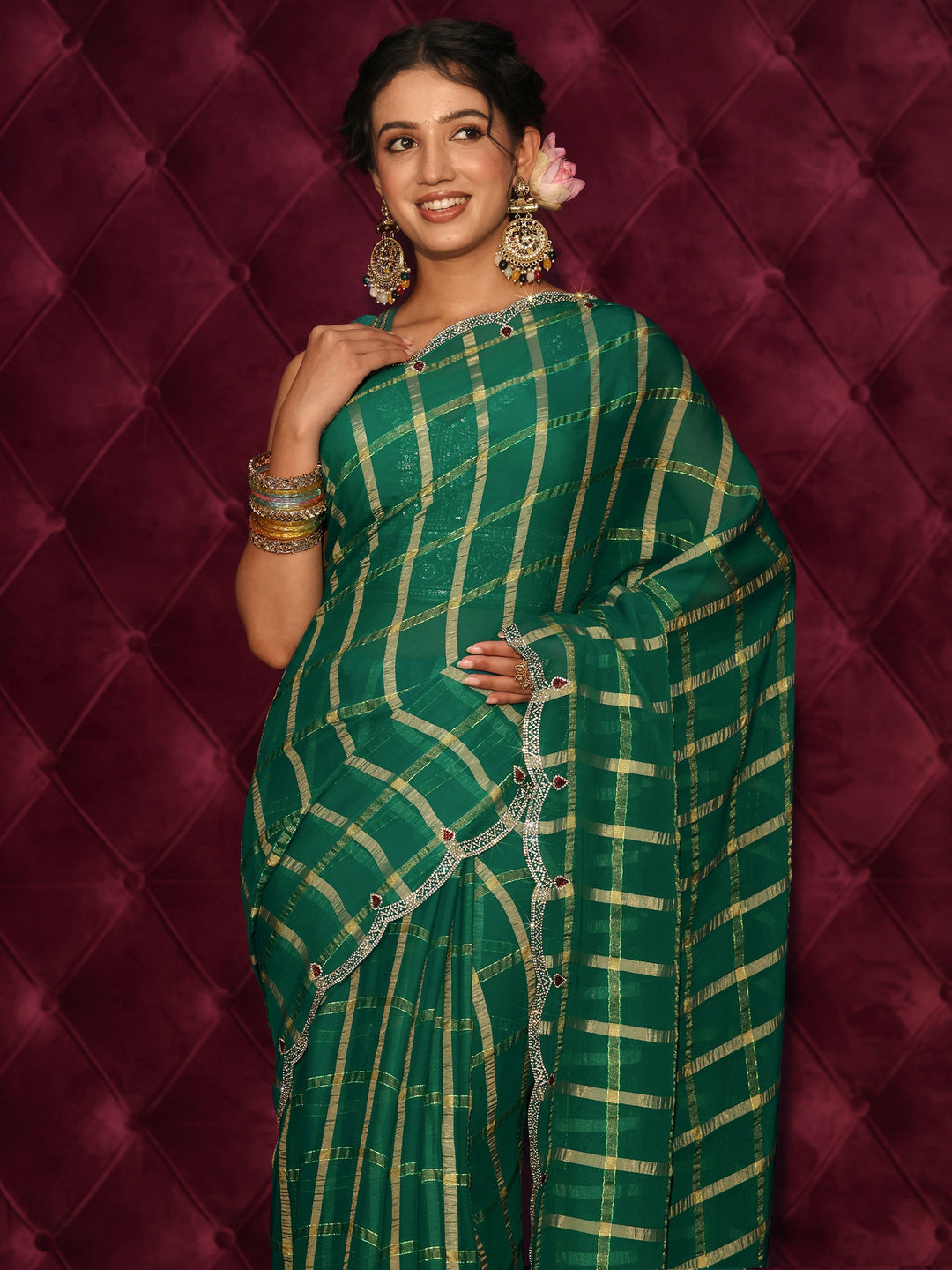  Libas Green Checkered Chiffon Saree with Embellished Scalloped Border 