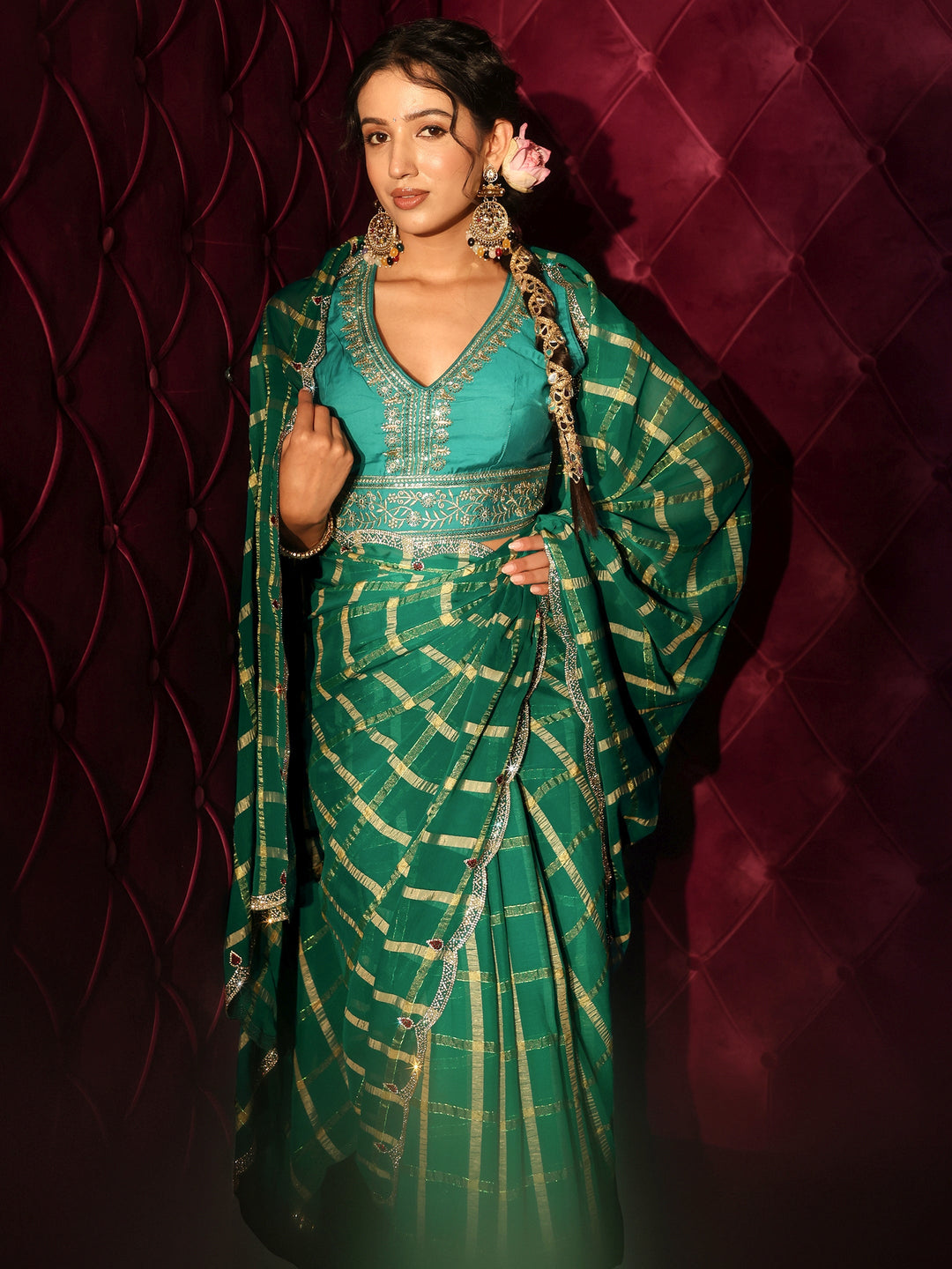  Libas Green Checkered Chiffon Saree with Embellished Scalloped Border 