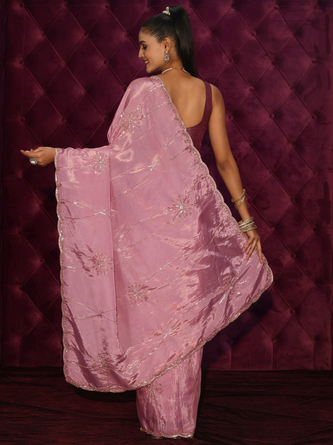  Libas Lilac Floral Sequin Embellished Satin Saree 