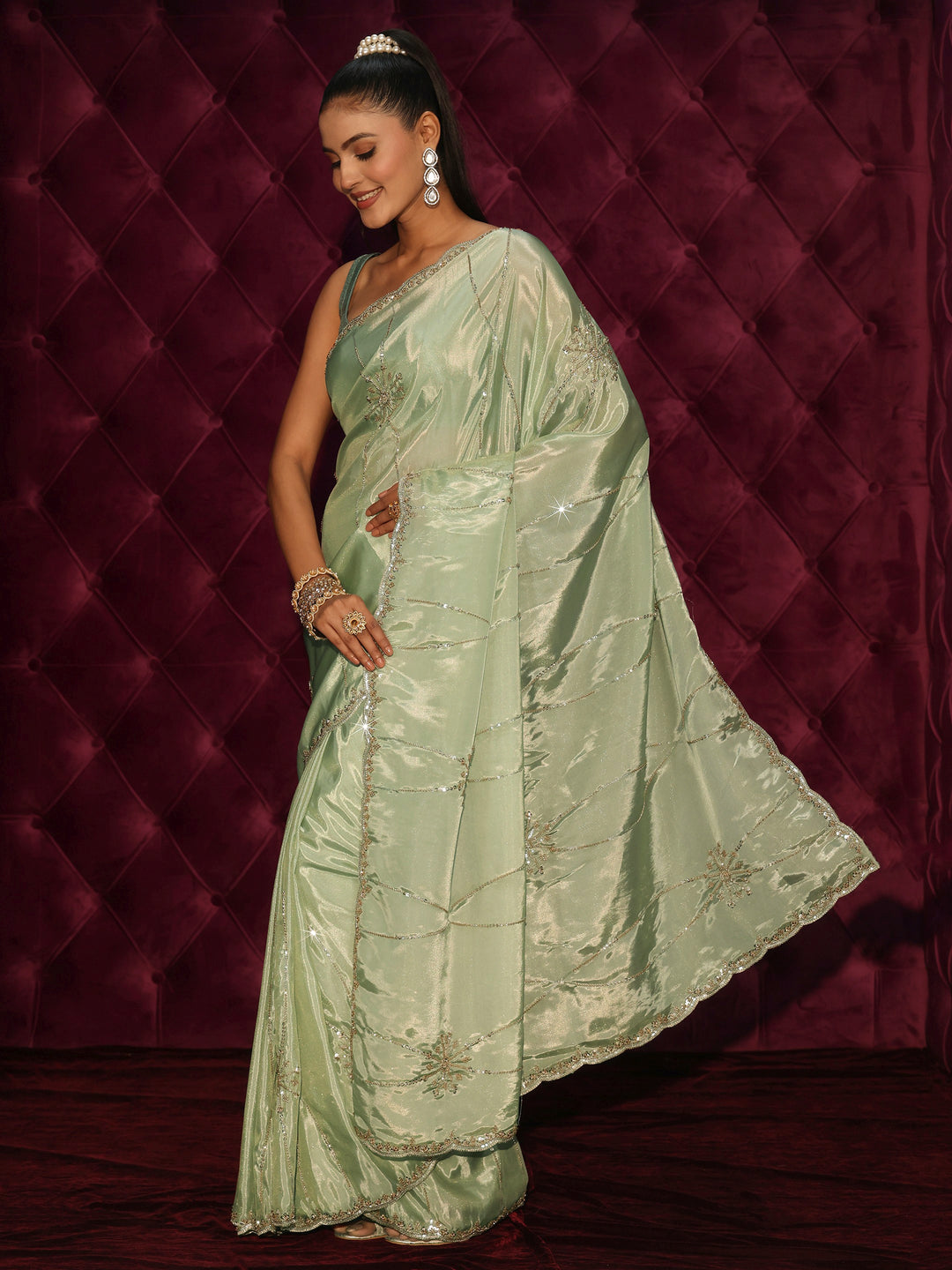  Libas Green Floral Sequin Embellished Satin Saree 