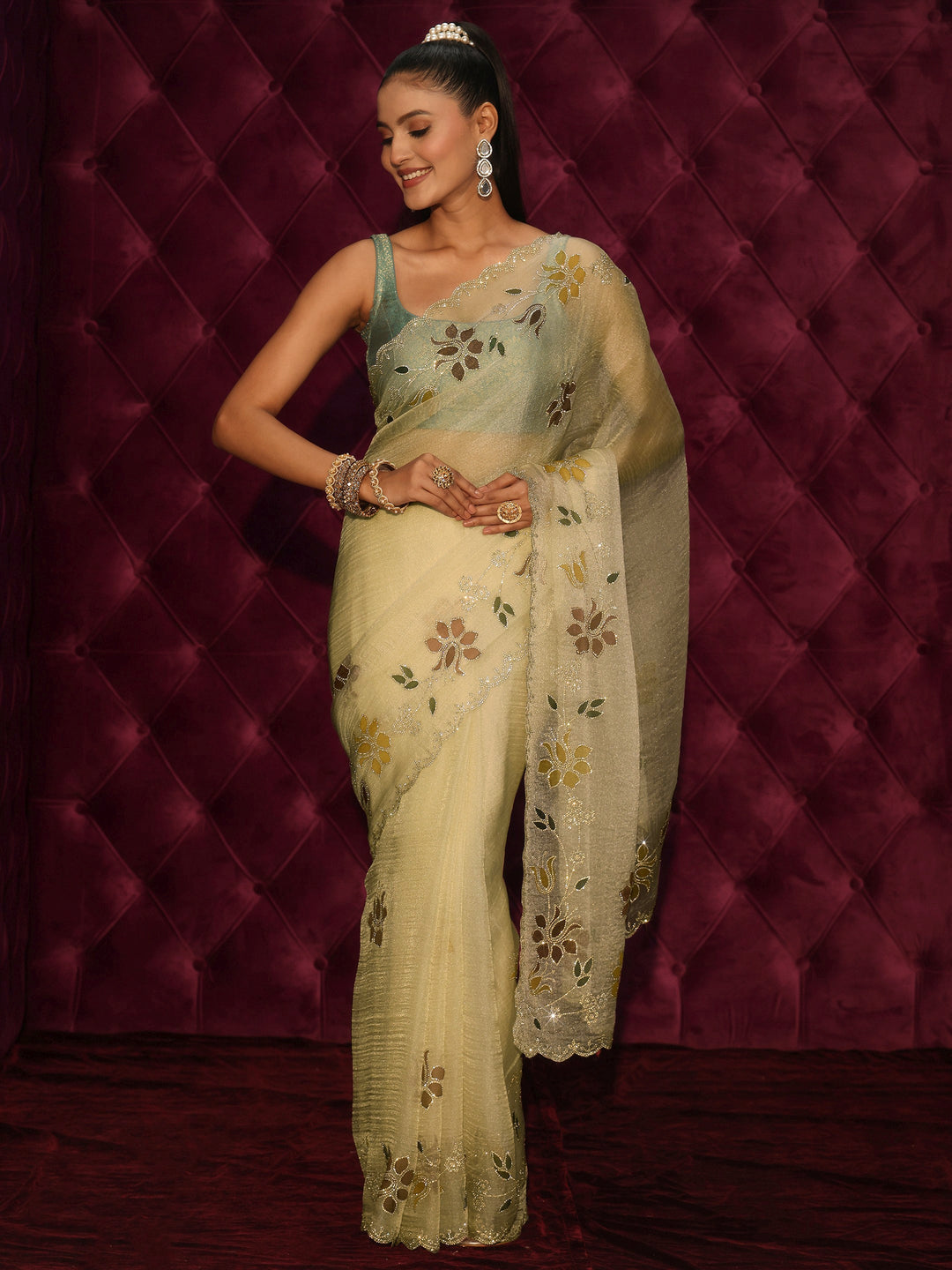  Libas Green Floral Stone Work Embellished Tissue Saree 