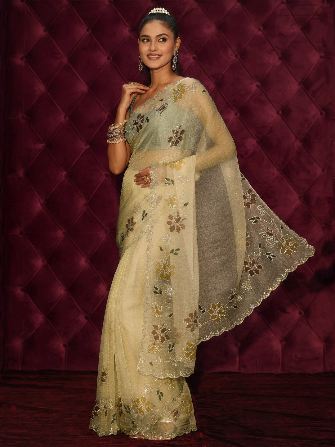  Libas Green Floral Stone Work Embellished Tissue Saree 