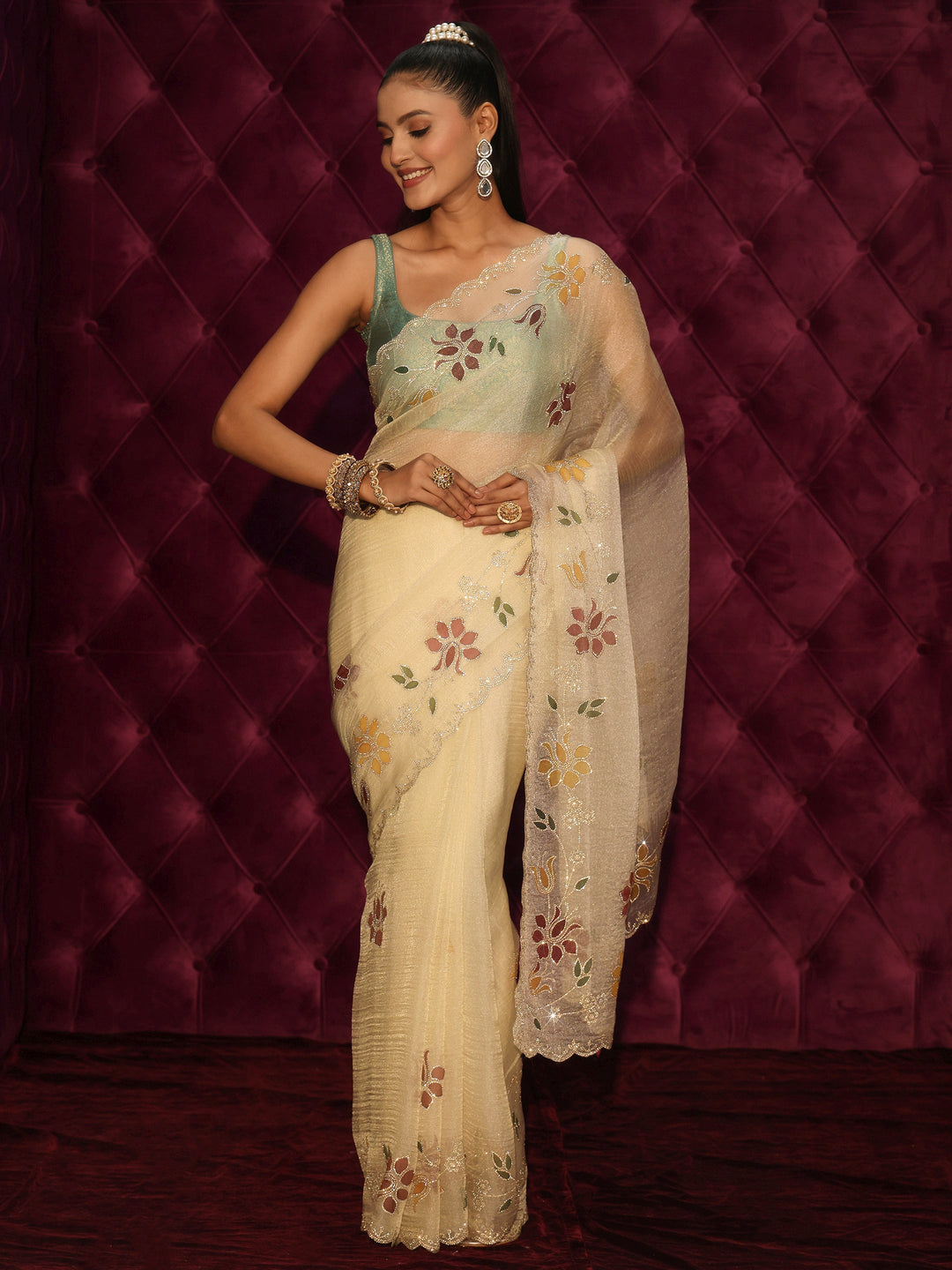  Libas Beige Floral Stone Work Embellished Tissue Saree 