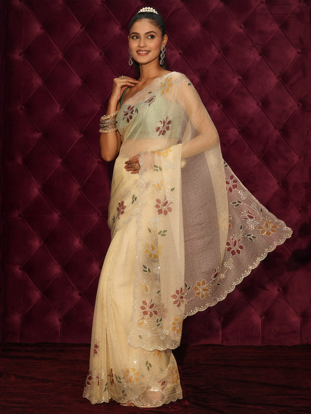  Libas Beige Floral Stone Work Embellished Tissue Saree 