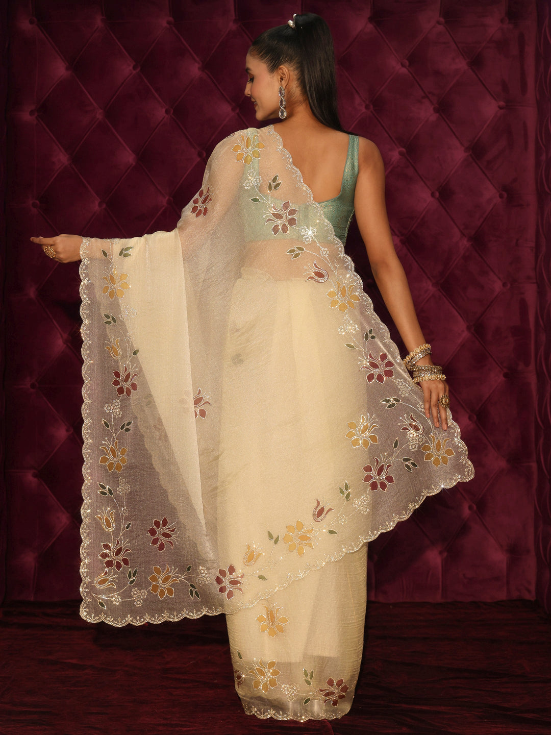  Libas Beige Floral Stone Work Embellished Tissue Saree 