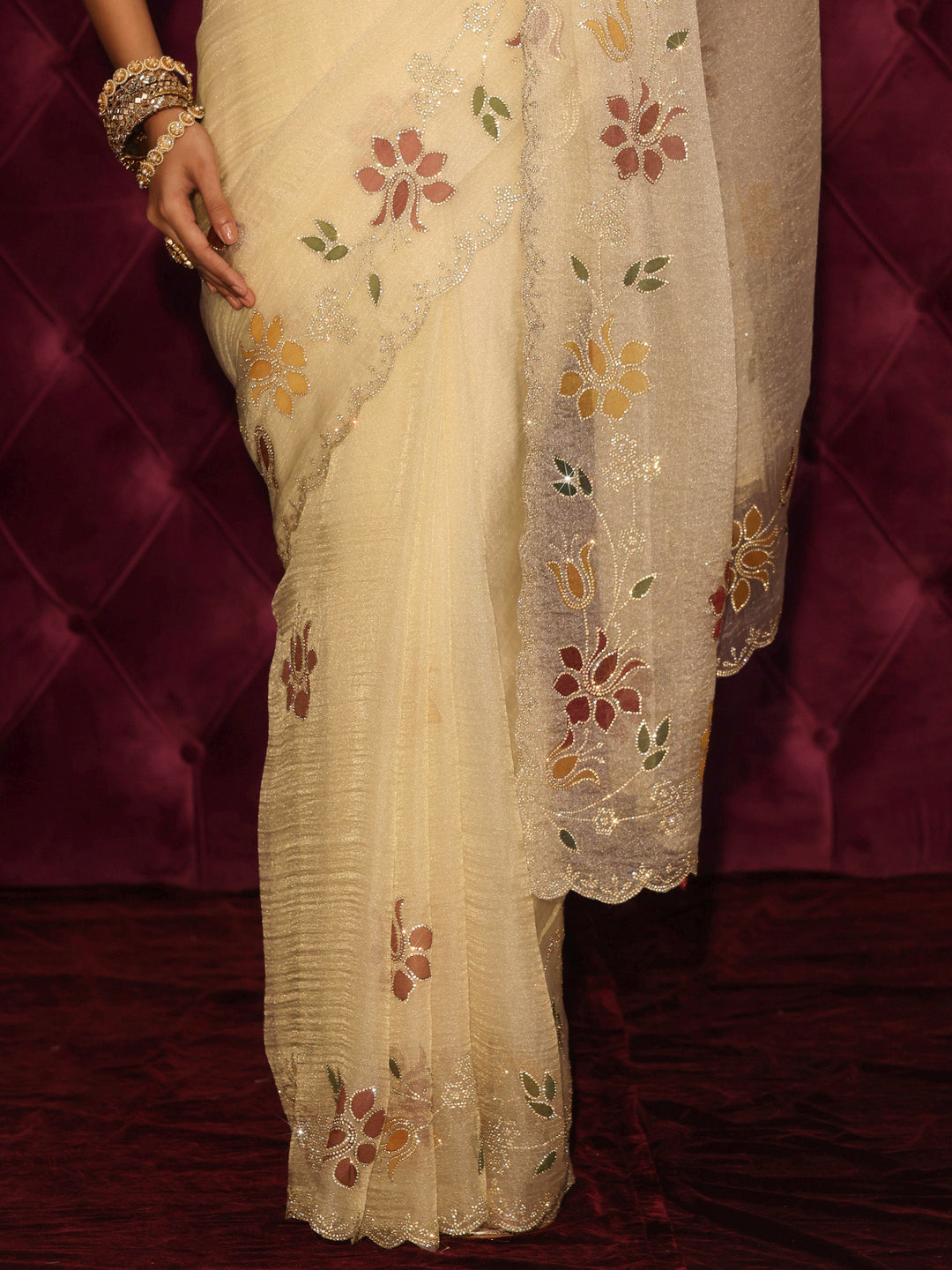  Libas Beige Floral Stone Work Embellished Tissue Saree 