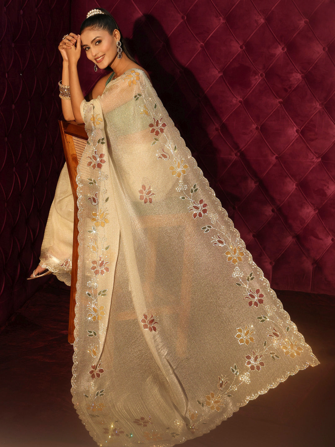  Libas Beige Floral Stone Work Embellished Tissue Saree 