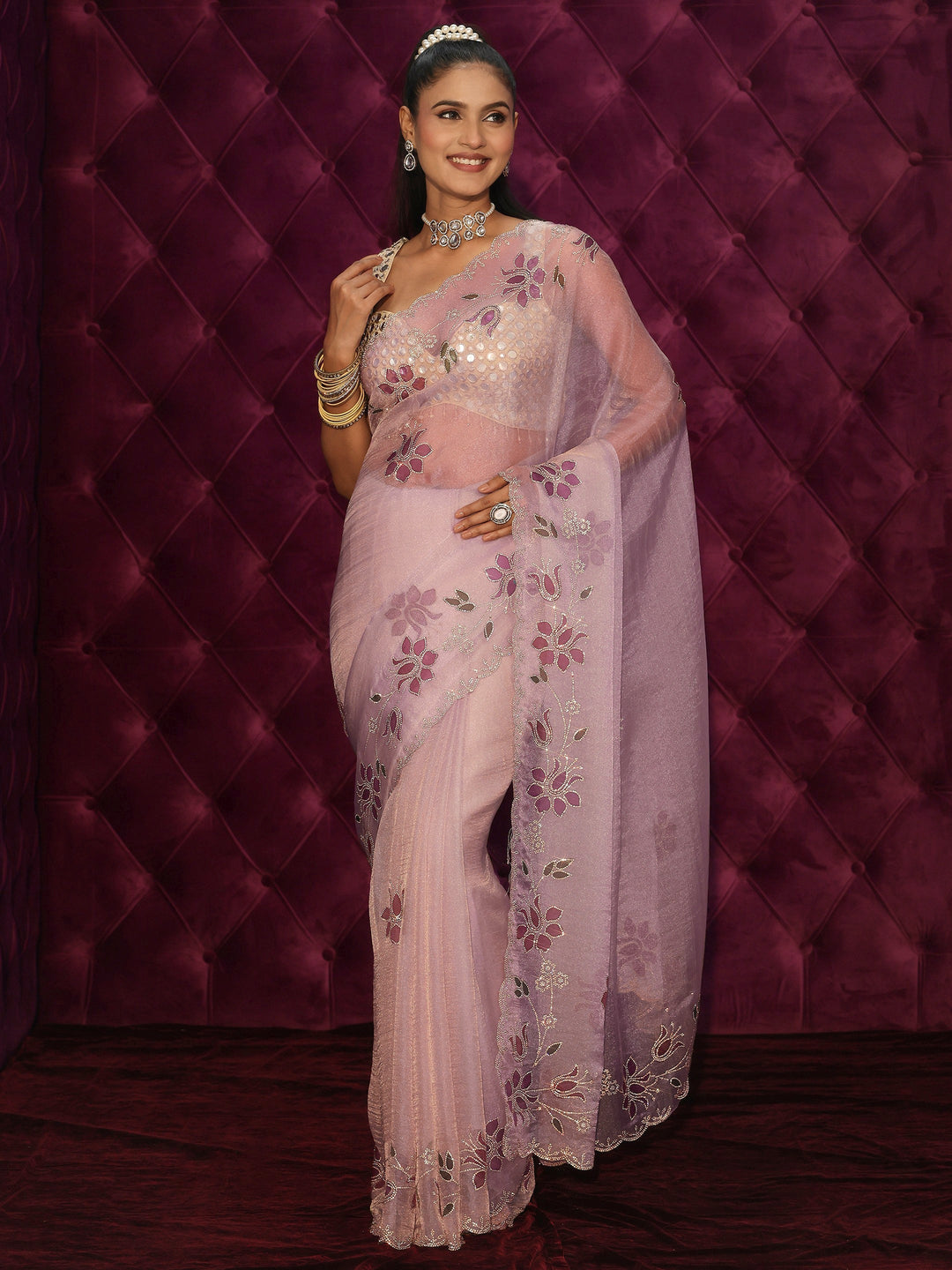  Libas Lavender Floral Stone Work Embellished Tissue Saree 
