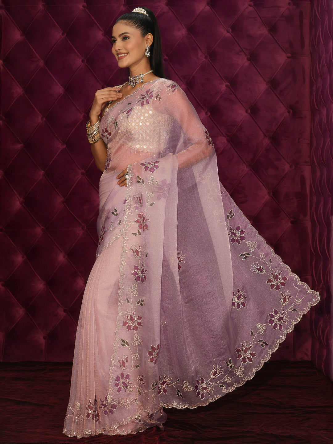  Libas Lavender Floral Stone Work Embellished Tissue Saree 